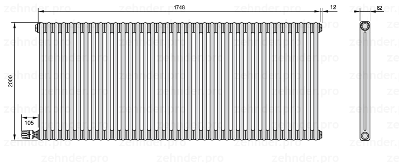 Схема (чертеж) Радиатор Zehnder Charleston 2200/38 №V004 Белый глянцевый RAL 9016